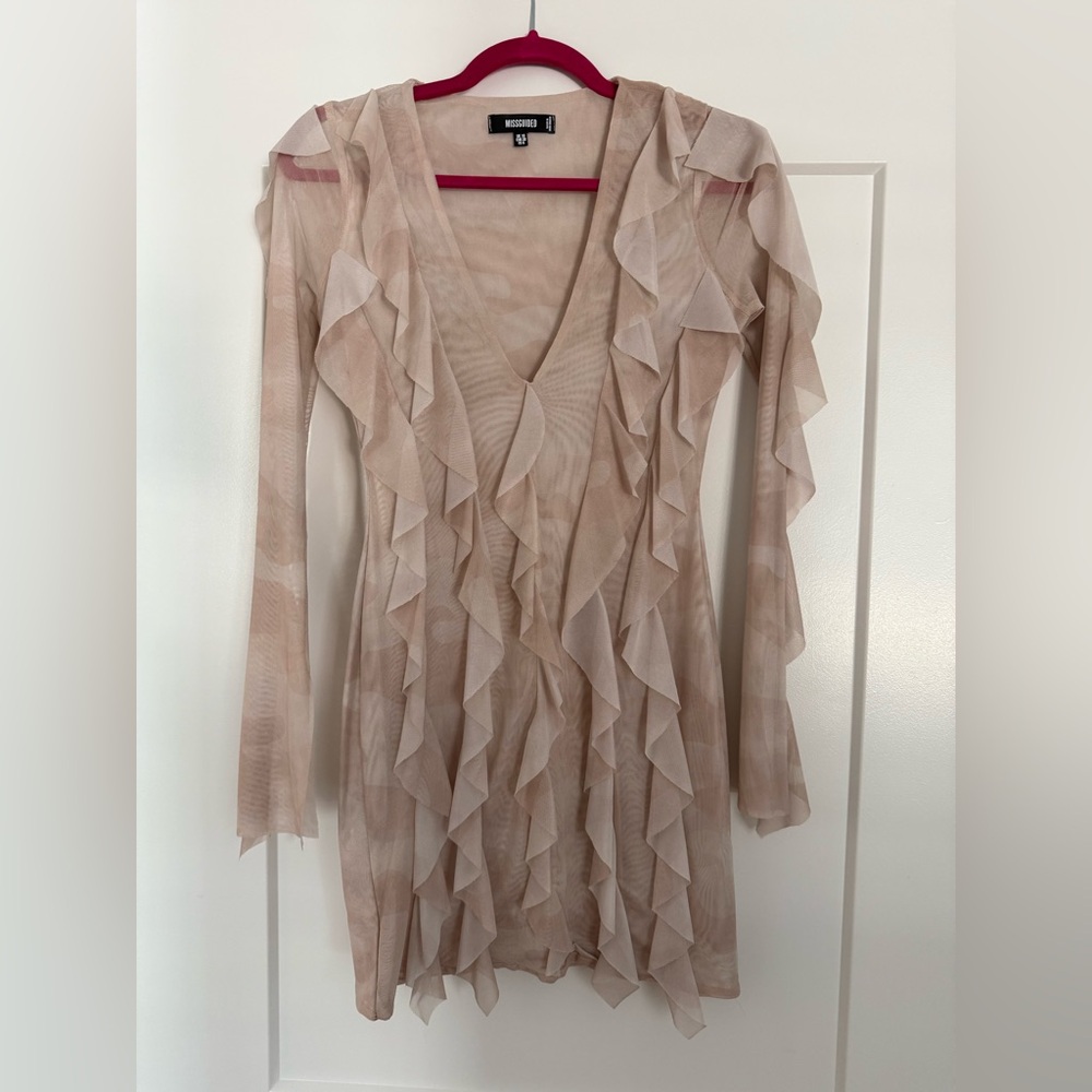 Missguided+ Cream Ruffle Long Sleeve Dress